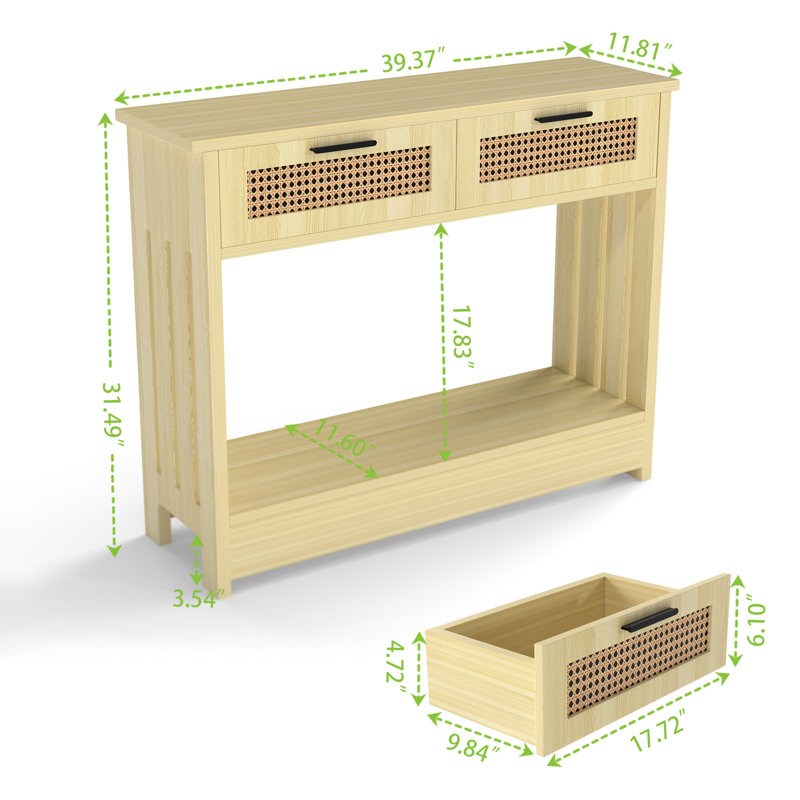 Wood 39" Boho Console Table for Entryway, Behind Sofa Table with Rattan Drawers, Natural