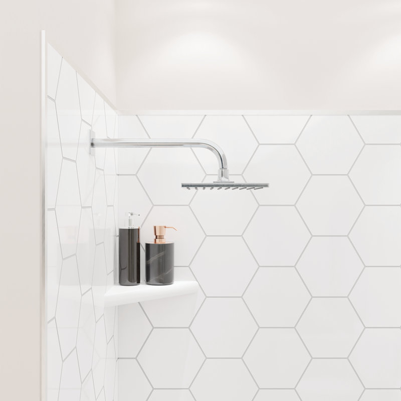 Flexstone Flexstyle 60"W X 36"D X 80"H White/Gray Hexagon Shower Wall Surround With Trim (3-Piece), Nickel