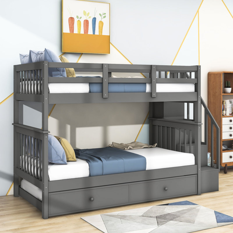 Lit superposé en bois avec couchette Doresha, gris, Simple sur simple