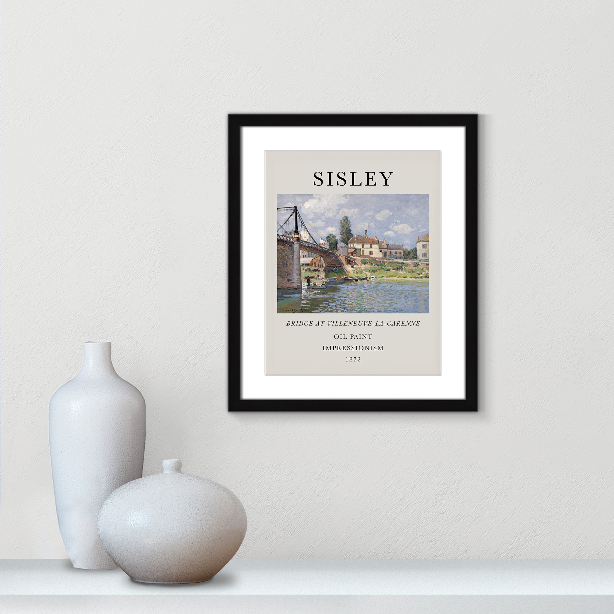 Old Masters Collection " The Bridge At Villeneuve " by Alfred Sisley, Black Single Picture Frame, Yes