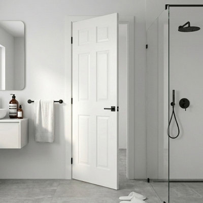 Porte intérieure pré-suspendue à droite 32 po x 80 po avec ensemble de poignées démontables et charnières noires mates, porte intérieure à 6 panneaux creux avec alésage et charnière pour la salle de bain, le garde-manger, la porte intérieure de la buanderie