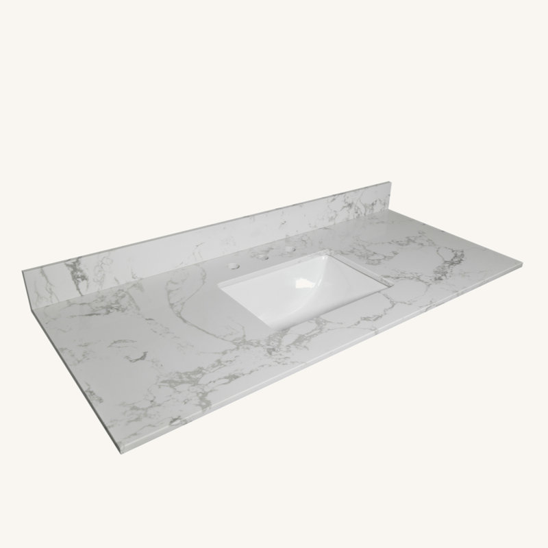 Comptoir de salle de bain en pierre avec lavabo rectangulaire encastré en céramique, trou de robinet et dosseret