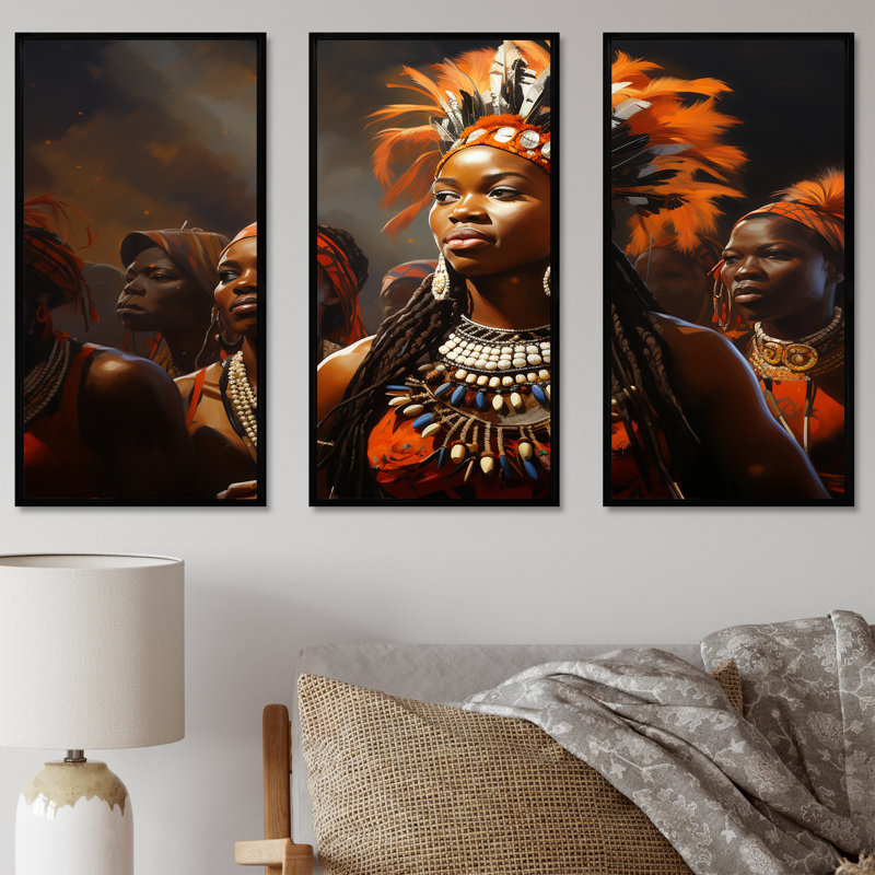 Zoulou brun africain festif - art mural tribal africain, H 40 po x l 60 po, Cadre flottant noir
