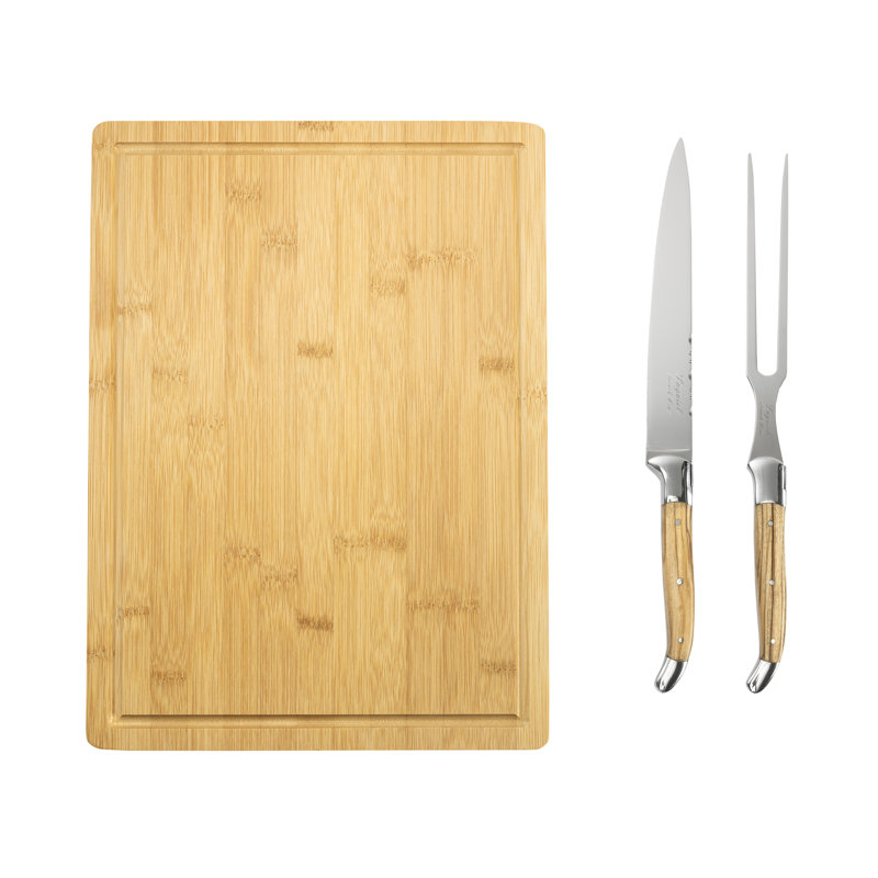 Ensemble de 2 couteaux à découper en bois d'olivier et planche à découper en bambou avec douves French Home Laguiole Connoisseur