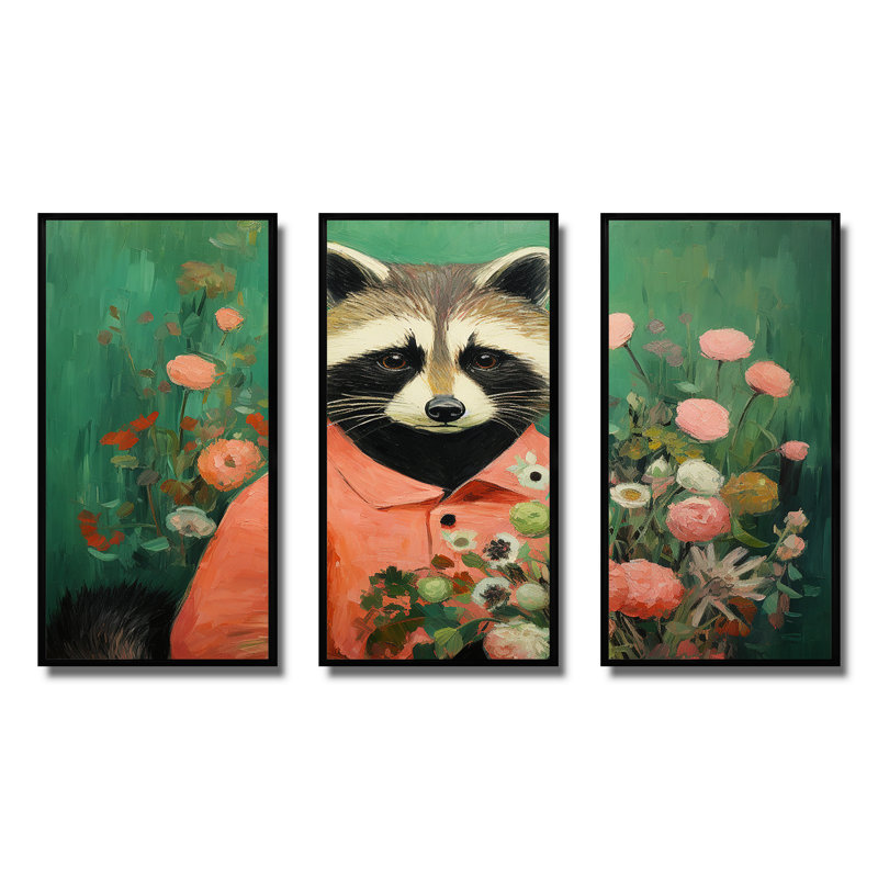 Raton laveur vert en art floral - Raton laveur, Cadre flottant noir, H 28 po x l 36 po