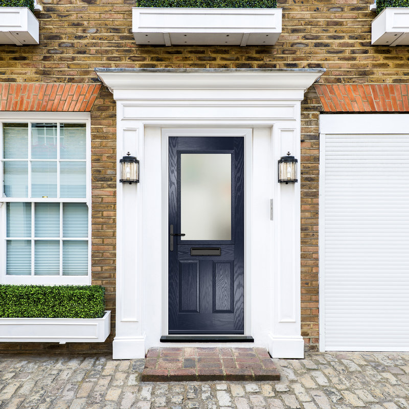 Crystal GRP Front door Lytham Black 920mm x 2090mm Open in Left hand Stipolytte Glass, Right, 89mm x 209mm, Blue