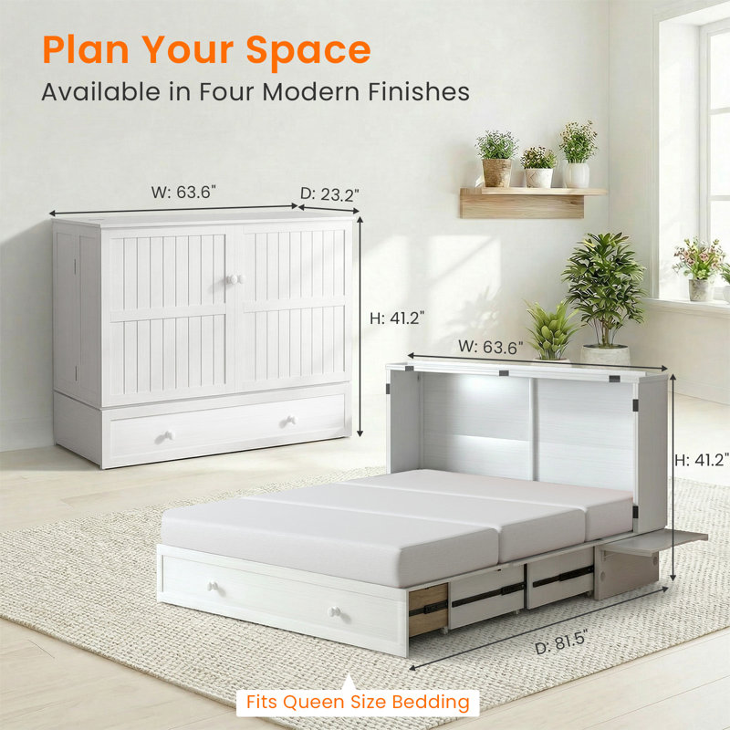 Murphy Bed Queen With Storage Drawers & Charging Station,White, White