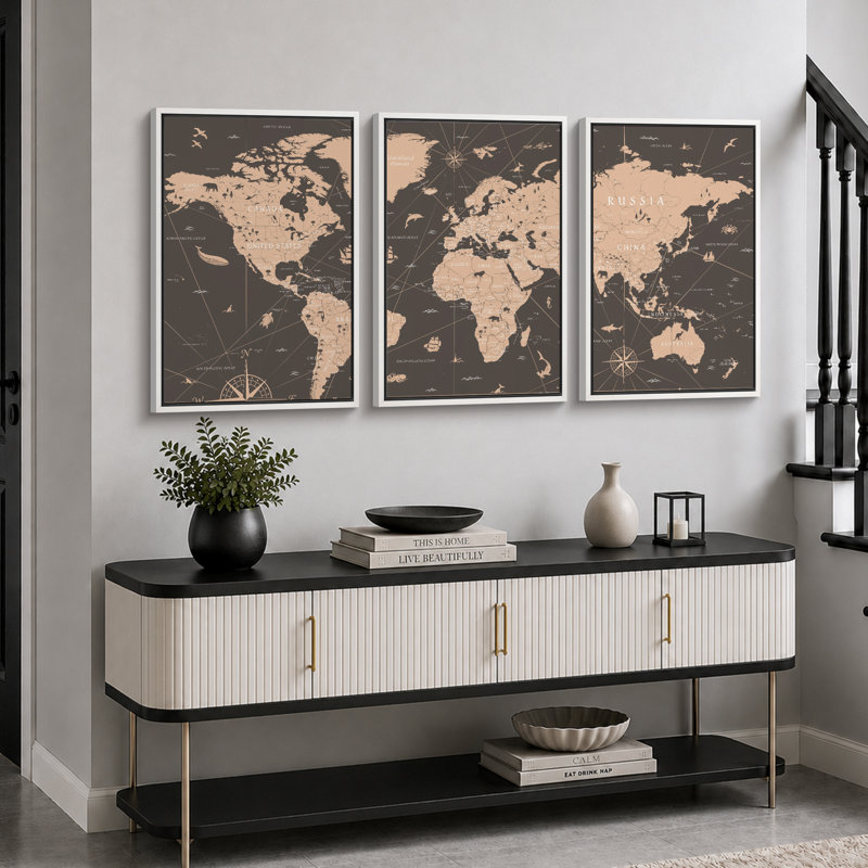 «World Map Sepia Global Country», ensemble de 3 reproductions sur toile, H 36 po x l 72 po, Reproduction avec cadre flottant