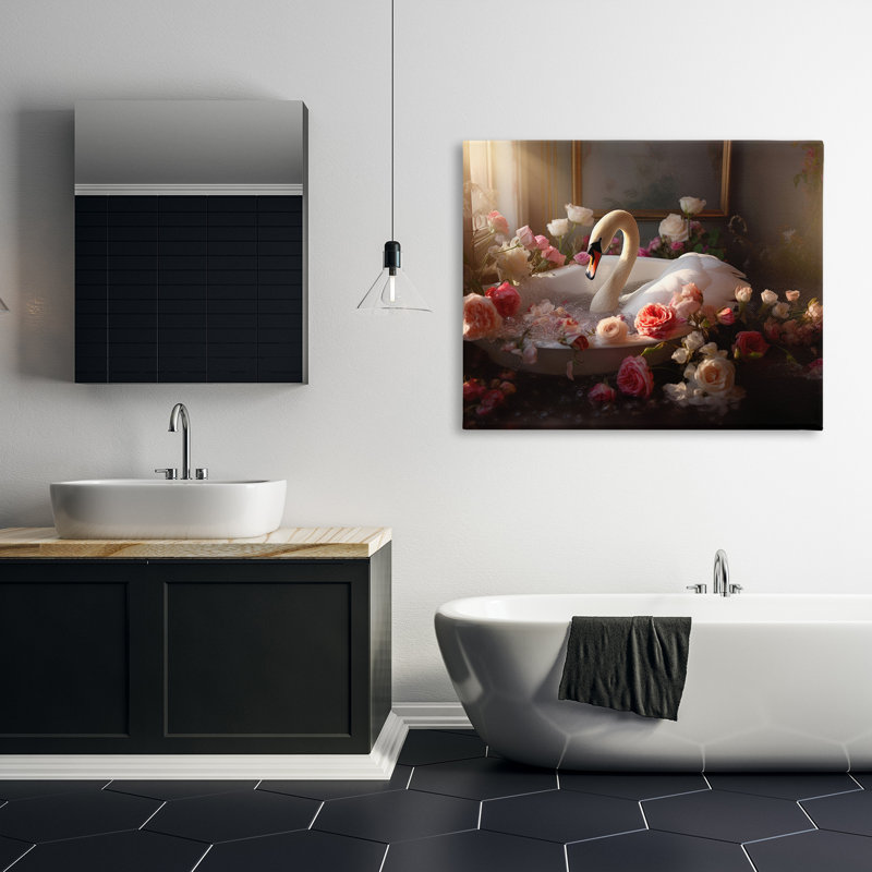 "Swan And Bathroom Roses" par Lazar Studio sur toile, H 36 po x l 48 po