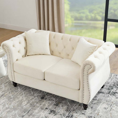Velvet Upholstered 2 Seater Sofa Tufted Couch with Rolled Arms and Nailhead for Living Room