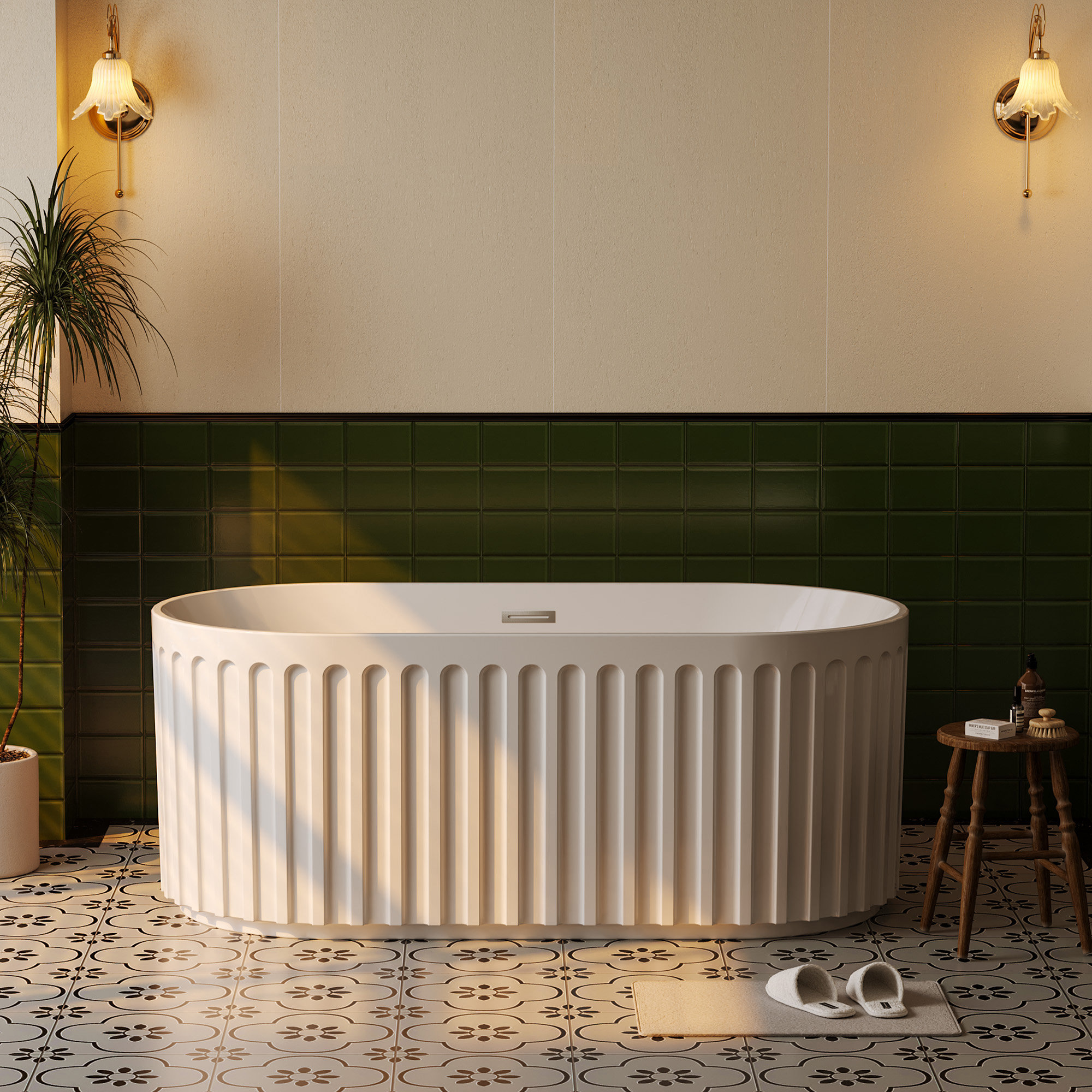 Freestanding Soaking Bathtub – Elegant All-White Acrylic Bathtub with Chrome Drain for Home Spa Relaxation