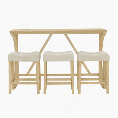 4-Piece Table And Chair Set, Narrow Dining Table With Power Outlet, 3 Upholstered Stools