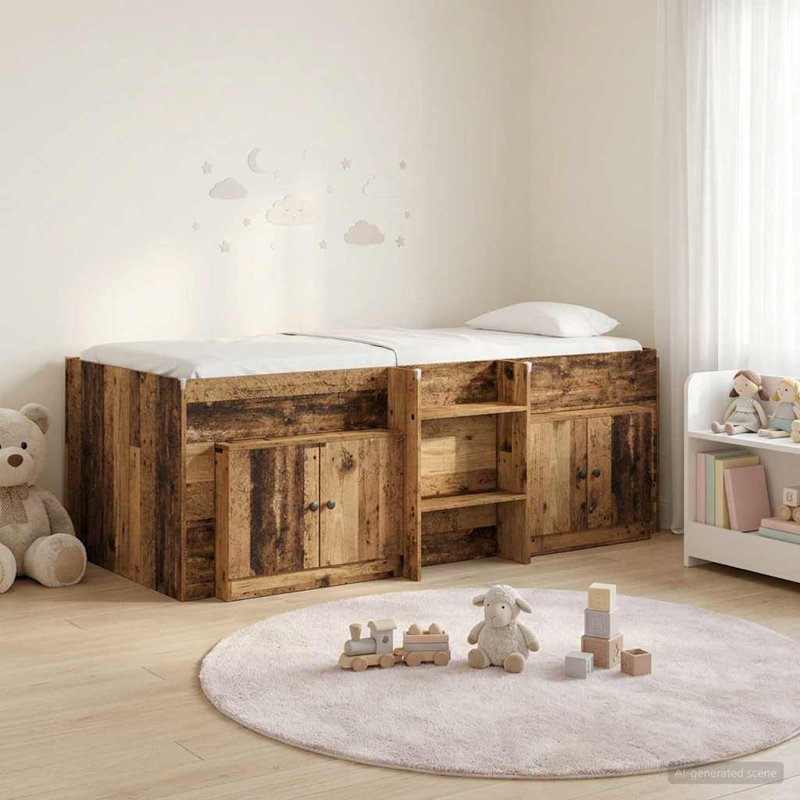  Loft Bed Frame with Cabinet with Storage Engineered Wood Modern Stylish, European Single (90 x 200 cm), Old Wood