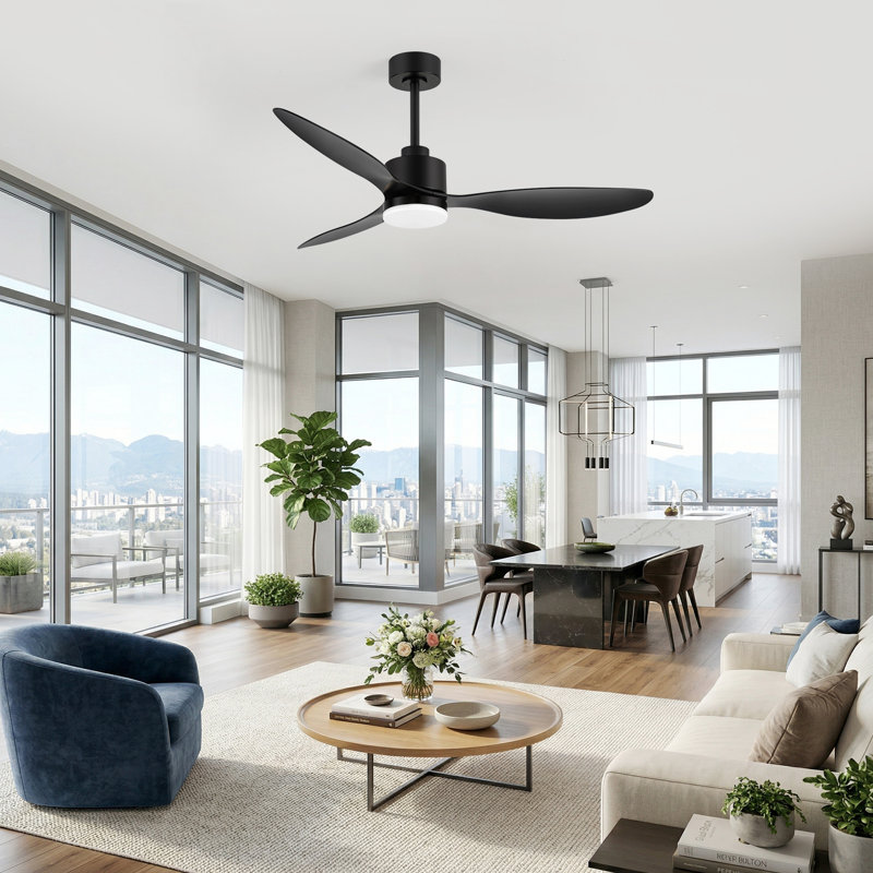 Loritta 3-Blade Ceiling Fan with Light, 52" Wide, Black
