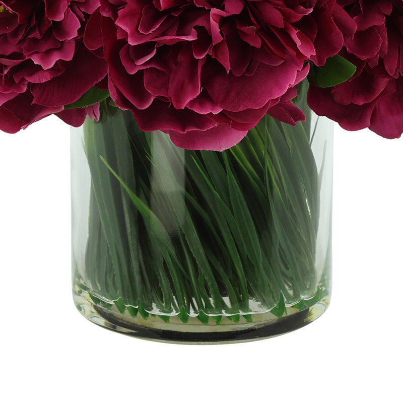 Faux Peony Arrangement in a Glass Vase, Dark Magenta