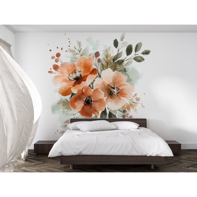 Adhésif décoratif terre cuite florale - grande aquarelle murale murale pour décor de chambre 015Mv, H 50 po x l 50 po