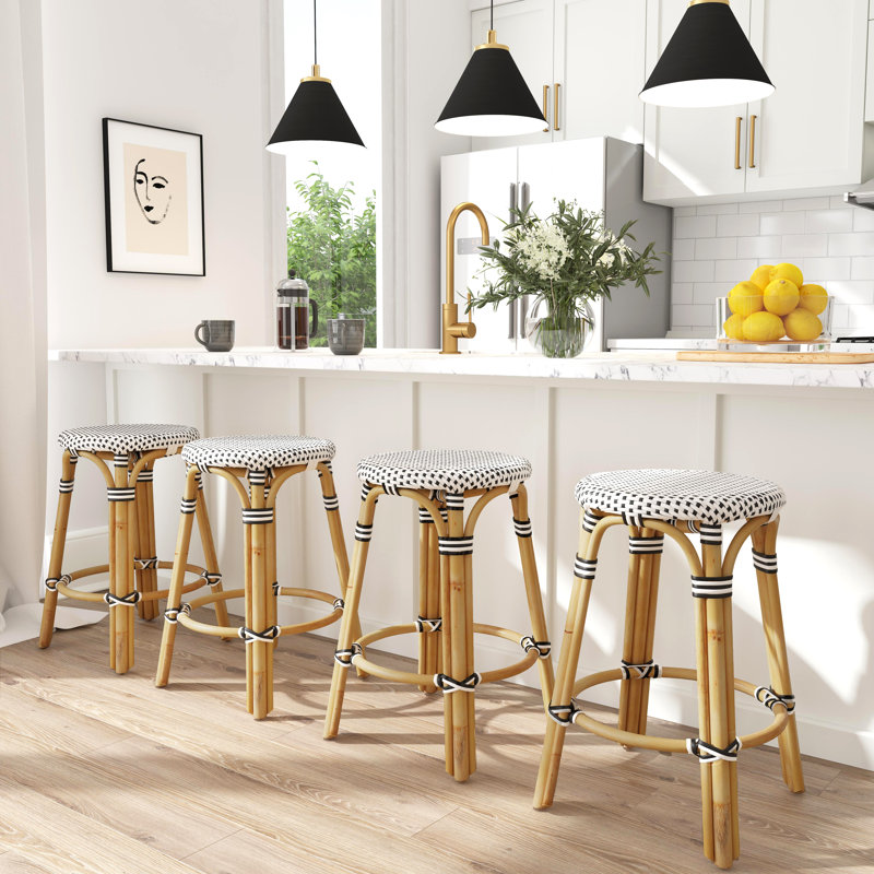 Alastair Hand-Woven Rattan Bar & Counter Stool, White/Navy Stripe/White Rattan Frame, Counter Stool (24" Seat Height)