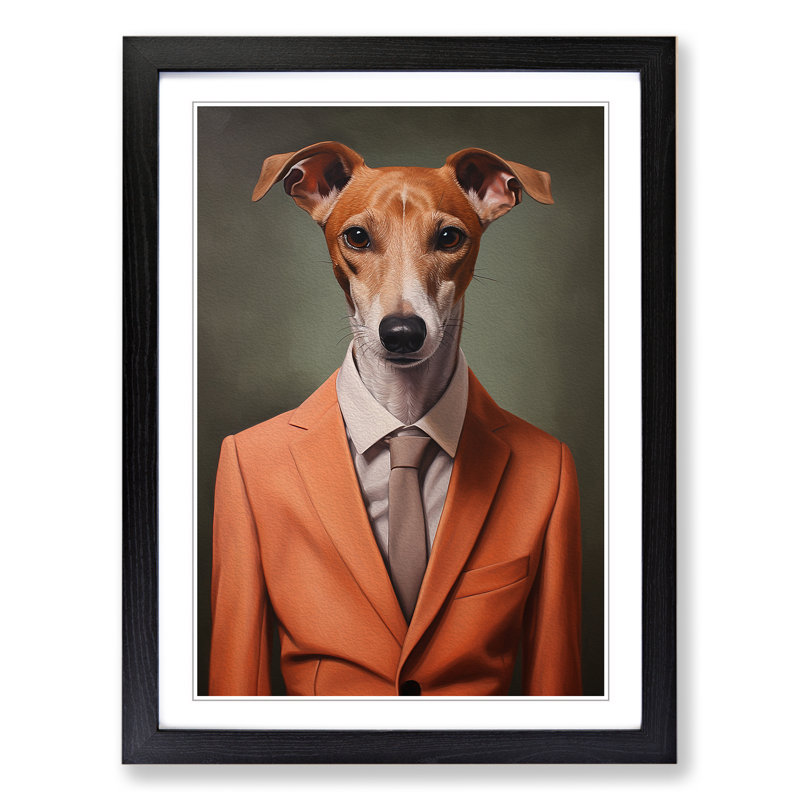 Whippet In A Suit - Single Picture Frame Print on Wood, Black Framed, 46cm H x 34cm W x 2cm D