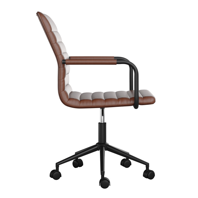 Martha Stewart Taytum Upholstered Swivel Home Office Chair with Integrated Armrests, Oil Rubbed Bronze, Saddle Brown