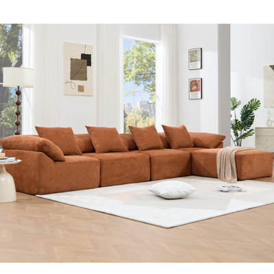 142" L Shaped Modular Couch, Chenille, Orange, 5 Piece , -Combinable, Soft Seating Orange Piece, Chenille Upholstery, No Leg Design For A Streamlined Look