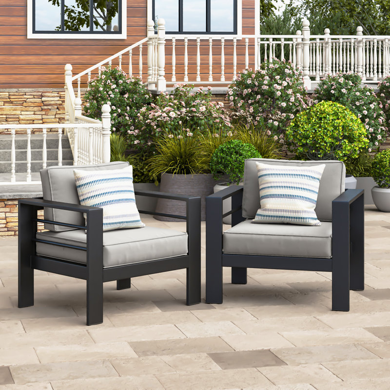 Patio Furniture Metal Armchair, Light Gray Cushion/Black Frame