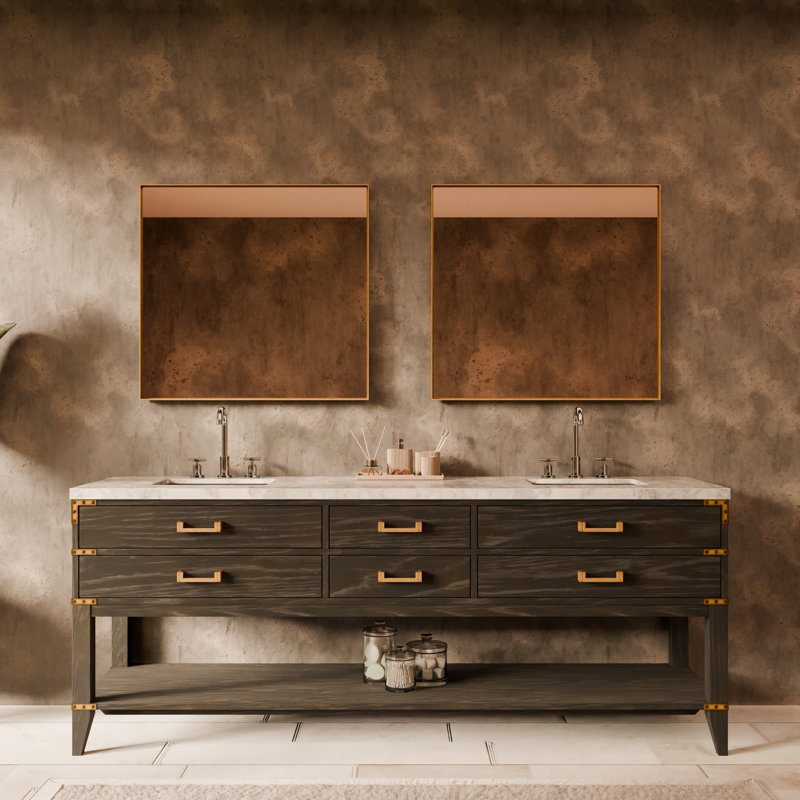 Ensemble de meuble-lavabo double 84 po, Chêne noir, Marbre de Carrare blanc