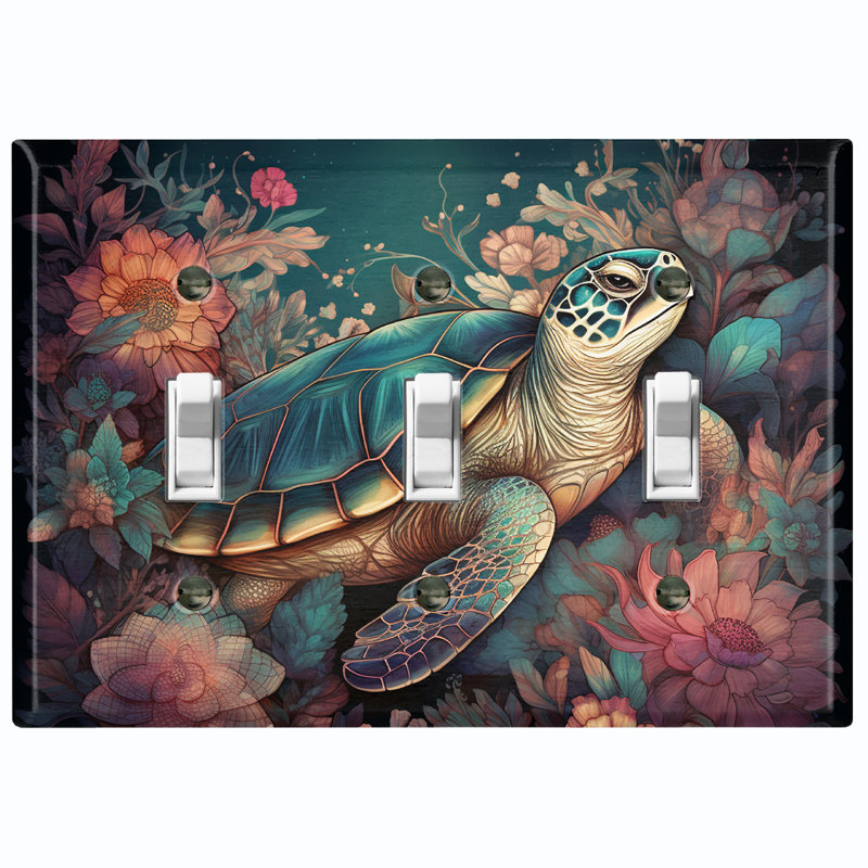 Couvercle de prise de courant en métal (fleur verte tortue de mer - triple basculement)