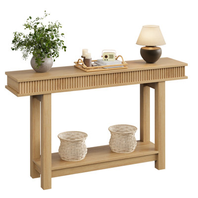 55 Inch Fluted Console Table Natural Wood Finish 2-Tier Rectangular Wooden Table with Storage Shelf Farmhouse Style Narrow Sofa Table for Hallway Foyer & Dining Room