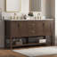Meuble-lavabo autoportant en noyer de 60 po avec double lavabo et plateau en pierre artificielle Aastha-1289636781