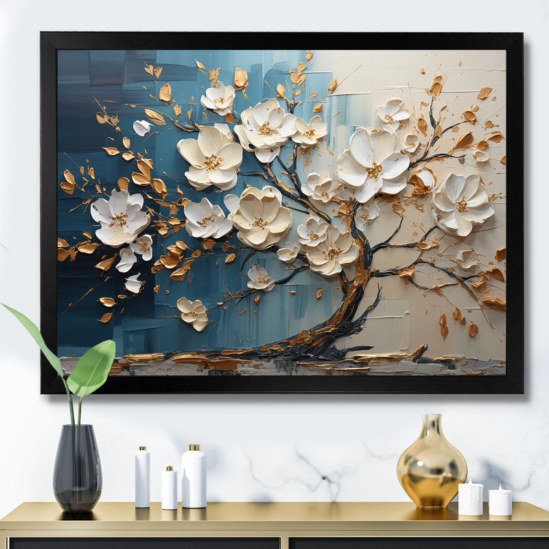 Arbre d'orchidée bleu et blanc doré de branches III - arbre, art mural, H 12 po x l 20 po x P 1 po, Cadre d'angle fermé noir