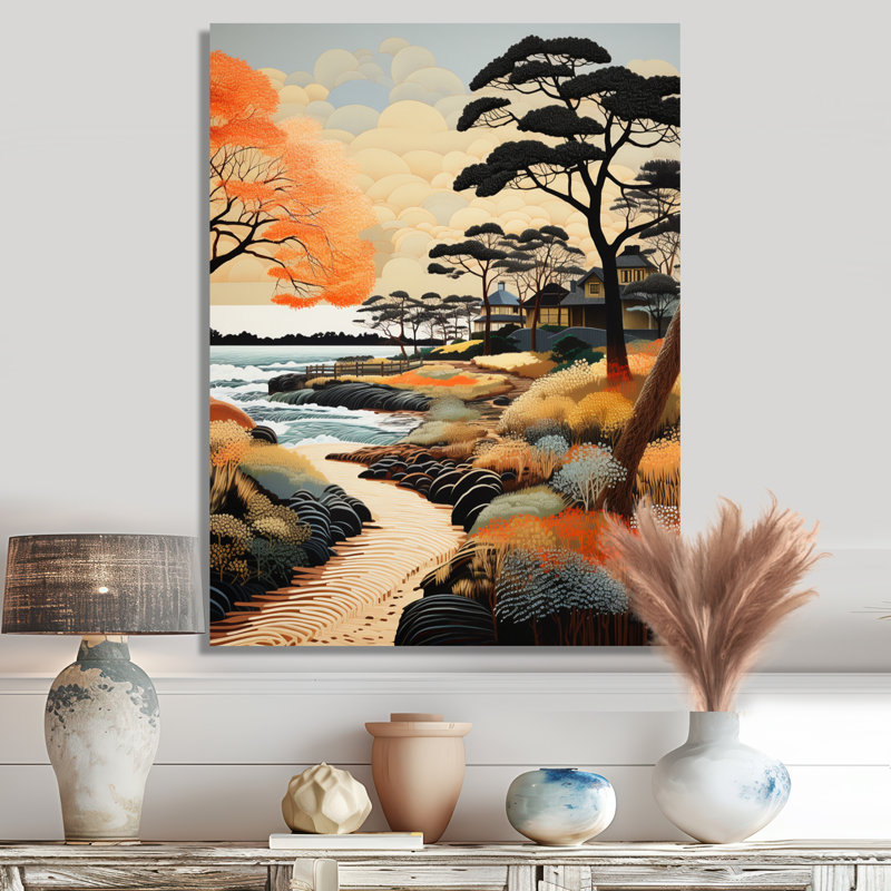 Autumn Beach Path Mansion By Ocean - Art mural plage, H 44 po x l 34 po, Toile tendue