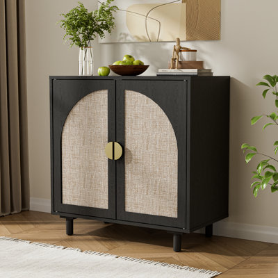 Modern Double-door Storage Cabinet With Arched Rattan Doors - Natural Wood Elegant Living Room Furniture