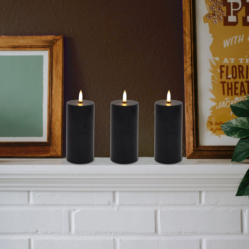Battery Operated 3D Wick Pillar Candles - 3 Count, Black