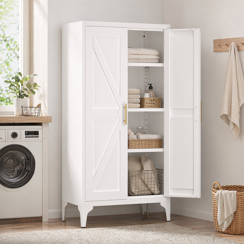 Armoire de cuisine polyvalente tout en acier avec tablettes réglables et fermeture magnétique sécurisée, Blanc
