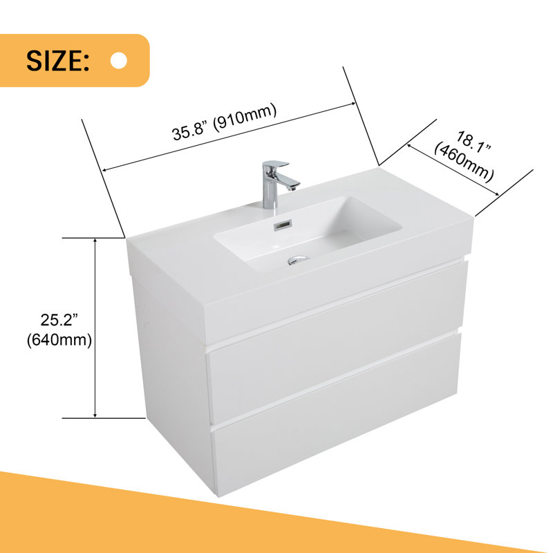 Meuble-lavabo mural simple 35,8 po avec plateau en résine, Blanc
