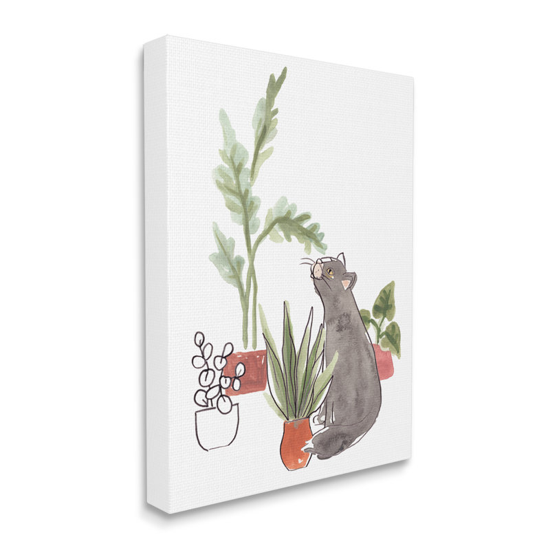 Scène de plante d'intérieur avec chat curieux gris par June Erica Vess, H 20 po x l 16 po x P 1,5 po, Toile tendue
