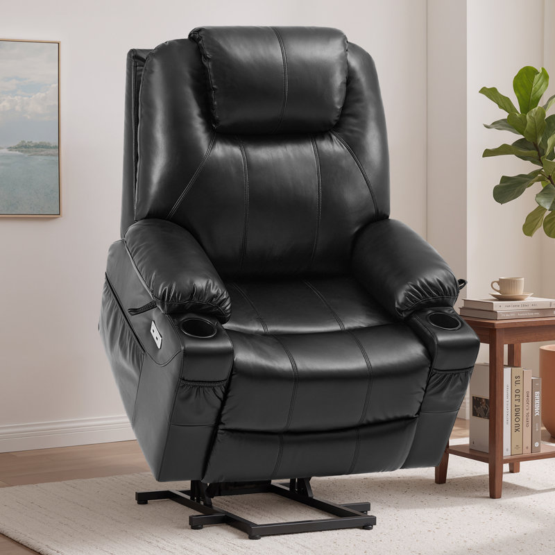 Dual Motor Power Lift Recliner Chair for Elderly with Massage and Heat, Electric Lift Chair for Big and Tall Adults, USB A&C, 2 Cup Holders (T6013 - Faux Leather, Black, Oversized)