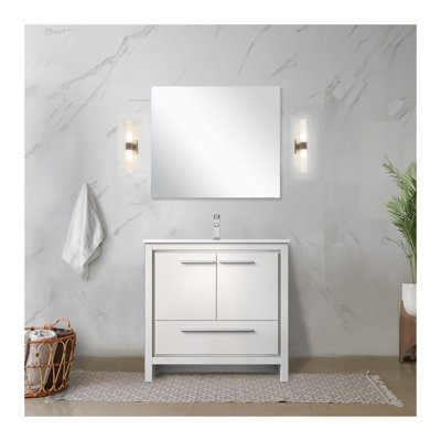 Meuble-lavabo blanc l 36 po x P 20 po, plateau en marbre de culture, robinet chromé et miroir 28 po