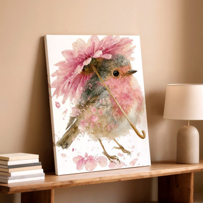 Pink Bird with Flower Hat Umbrella Watercolor Modern Canvas Wall Art Print, Modern Abstract Floral Botanical, Animal Wildlife Artwork for Living Room Bedroom Office Hallway Apartment Gallery Wall Home Decor