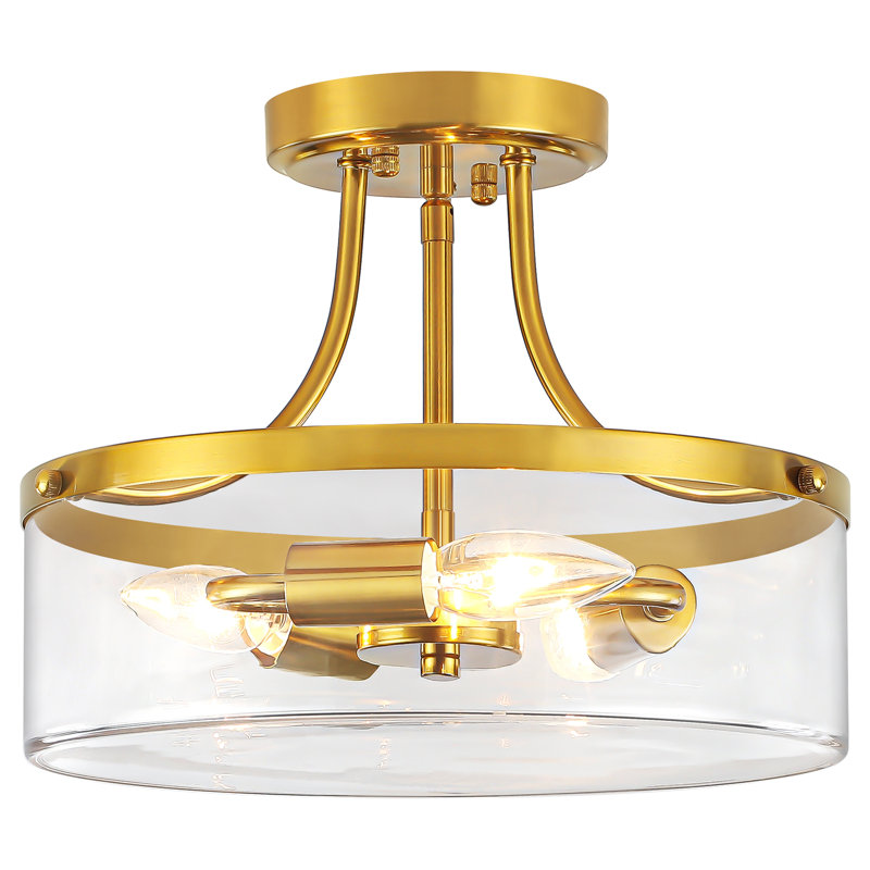 Plafonnier semi-encastré 3 lumières or avec abat-jour en verre, Doré