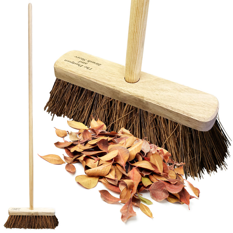 10" Garden Broom Outdoor with Wooden Handle Natural Stiff Bassine Hard Bristle Sweeping Brush