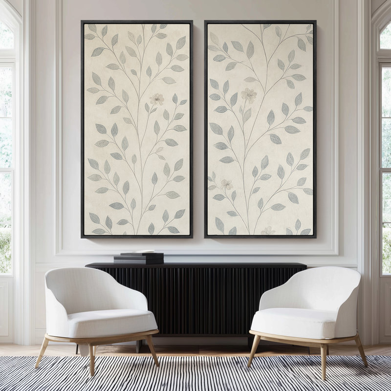 Motif botanique minimaliste à feuilles bleues pour le bureau - ensemble de 2 reproductions d'art encadrées sur toile 60 po x 60 po x 2 pièces