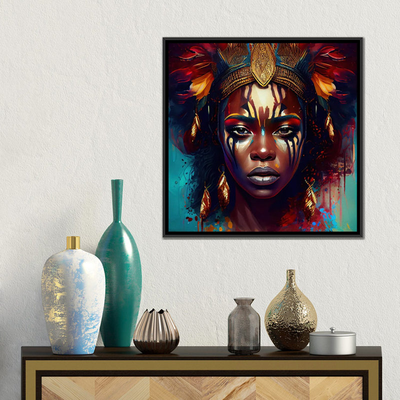 Femme de guerre puissante d'Afrique III, H 18 po x l 18 po x P 1,5 po, Toile avec cadre flottant noir