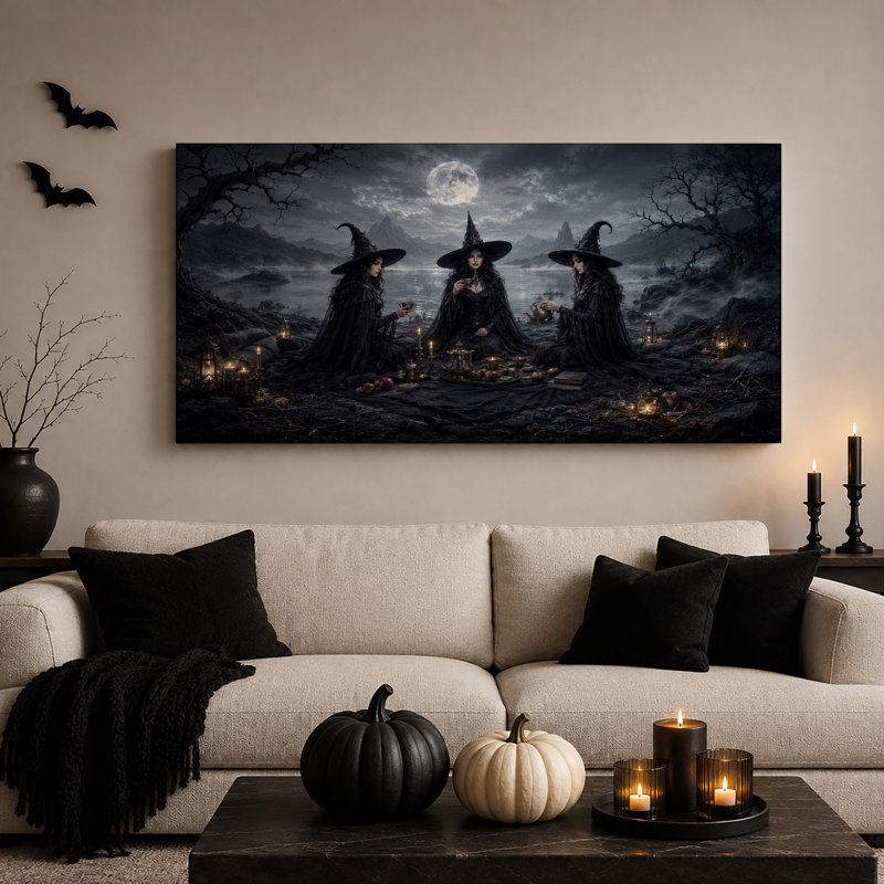 Trois sorcières en noir buvant du thé sous une toile murale d'Halloween, L 20 po x H 10 po