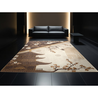 Tapis oriental moelleux doux d'inspiration mondiale Cropsey - reliure beige