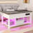  Folding Lifting Coffee Table, 4-In-1 Convertible Table With RGB Light And Type-G Outlets, Light Oak And White