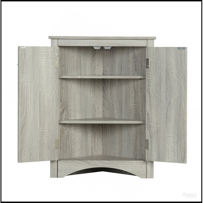 Oak Triangle Bathroom Storage Cabinet With Adjustable Shelves, Freestanding Floor Cabinet For Home Kitchen