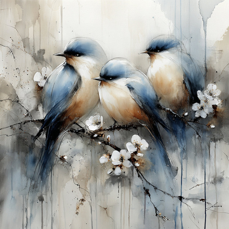 Tranquil Companions - Aquarelles et oiseaux bleus, H 20 po x l 20 po