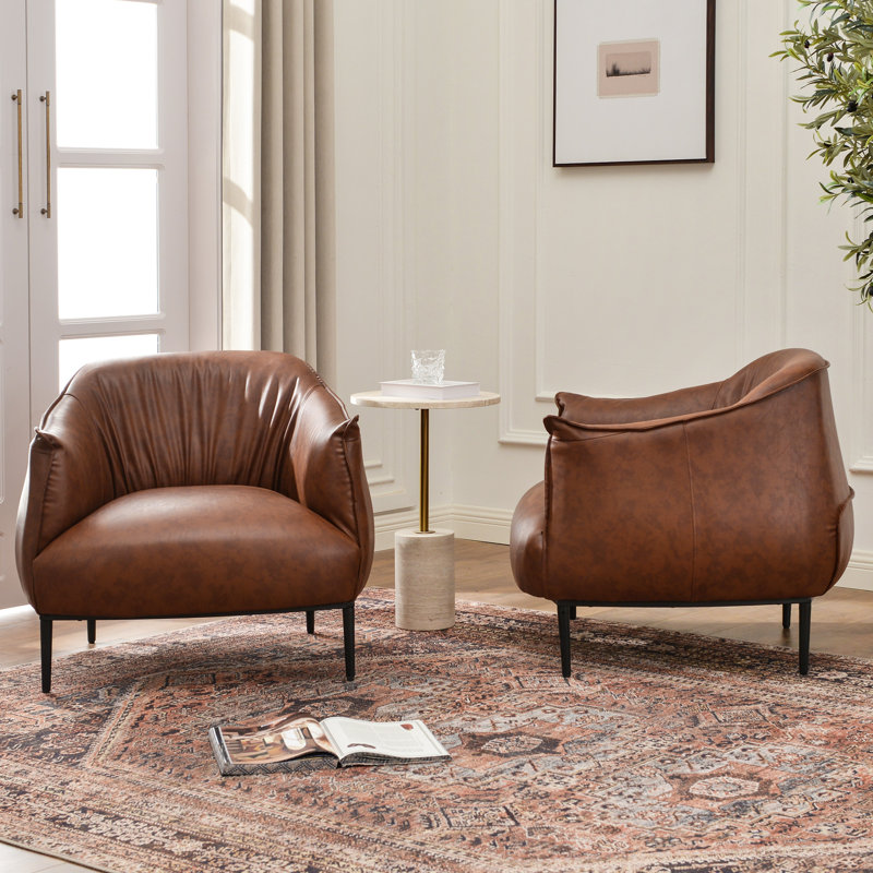 Arloh 2 - Pieces 33'' Wide Hand-Tufted Faux Leather Barrel Chair, Brown