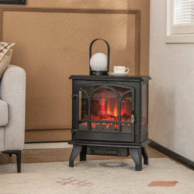 Chaufferette électrique 1400W, foyer intérieur noir avec effet de flamme à 3 niveaux, vue sur 3 côtés et télécommande